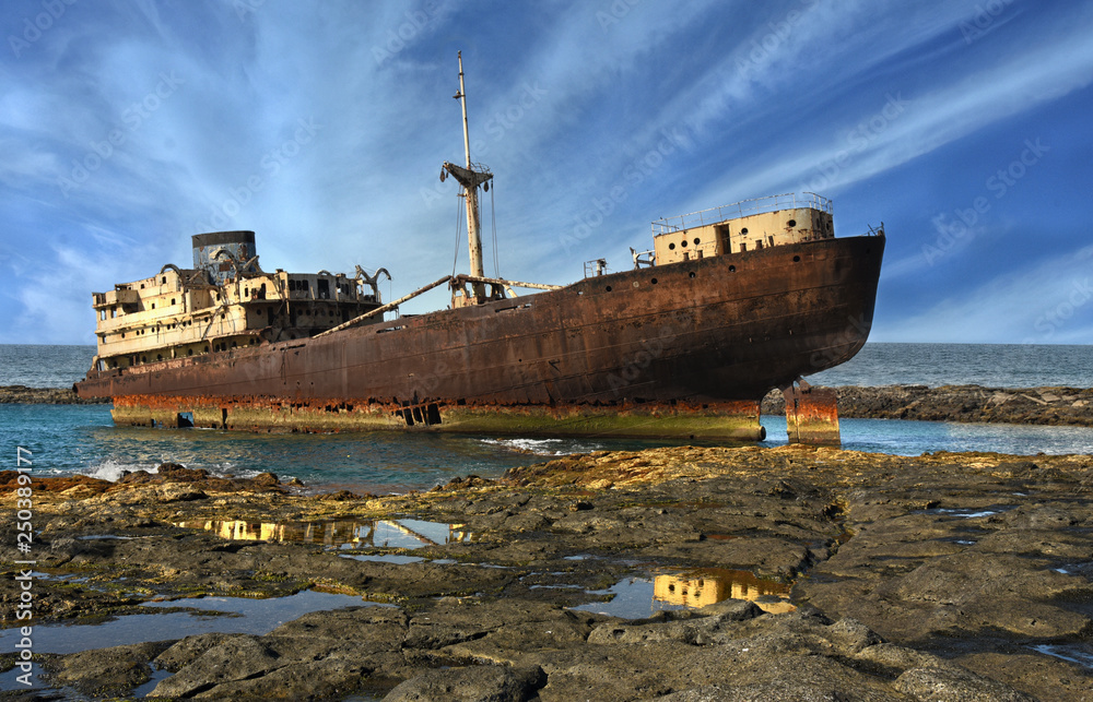 Lanzarote. Old broken ship near Costa Teguise and Arrecife, Canary Islands, Spain