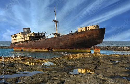 Lanzarote. Old broken ship near Costa Teguise and Arrecife, Canary Islands, Spain