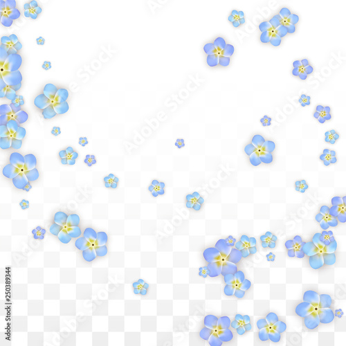 Vector Realistic Blue Flowers Falling on Transparent Background. Spring Romantic Flowers Illustration. Flying Petals. Sakura Spa Design. Blossom Confetti. Design Elements for Wedding Decoration.
