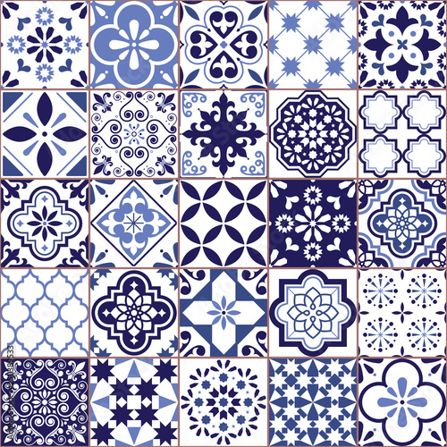 Portuguese vector Azulejo tile seamless pattern, Lisbon retro old tiles mosaic, Mediterranean repetitive navy blue textile design