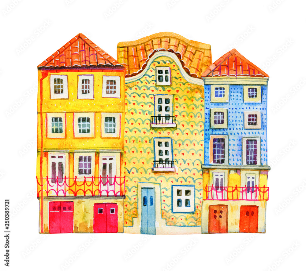 Portugal buildings. Watercolor old stone europe houses. Hand drawn cartoon  illustration