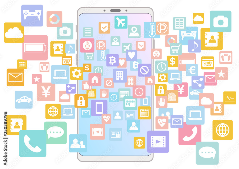 白の大画面スマホと様々なアプリアイコン背景透過ベクター白バック カラフルグラデーション素材 Stock ベクター Adobe Stock
