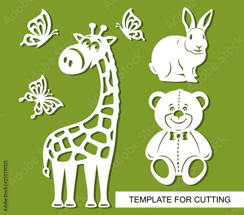 Silhouettes of giraffe, Teddy bear, rabbit and butterflies. Decor for children's room. White cartoon characters on a green background. Template for laser cutting, wood carving or paper cut. Vector.