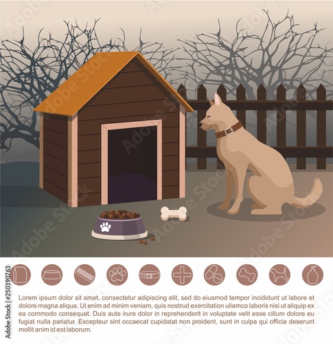 Dog sitting next to the kennel in the yard.  Pets accessories 