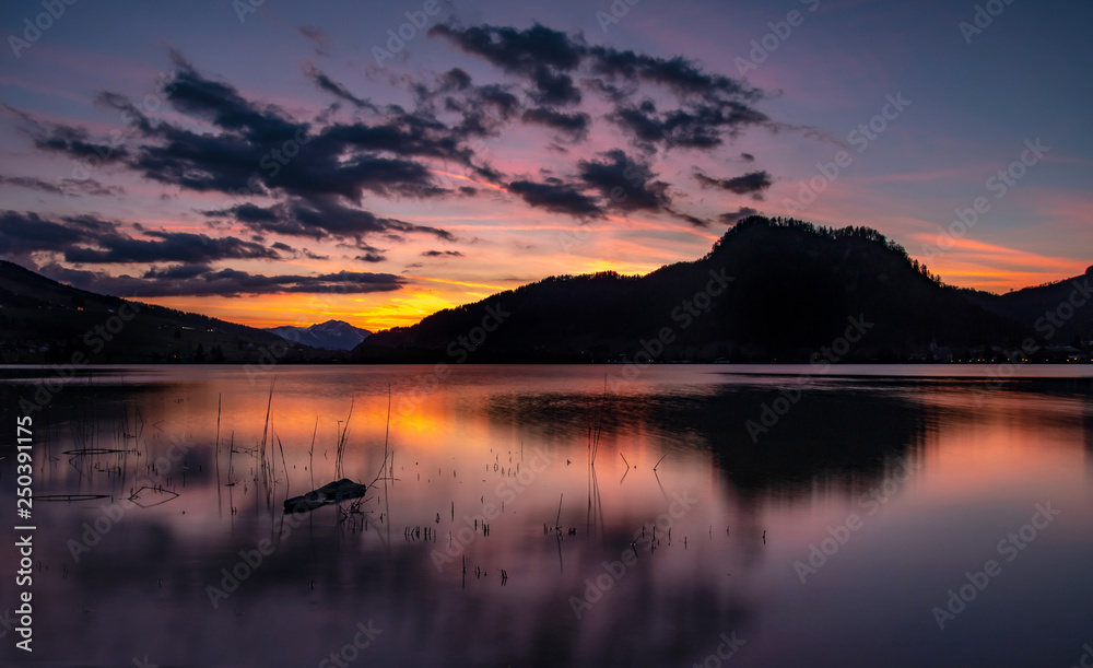 pastel color mountain lake sunset background