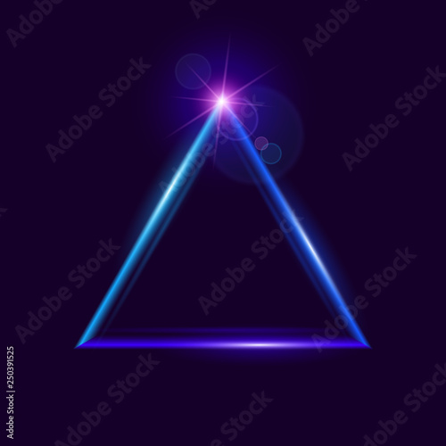 Colorful bright luminous triangles. Shining neon banner with space for text. Design element. Glowing decorative geometric shape. Abstract background. Vector illustration