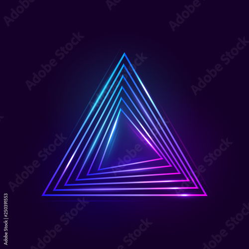 Colorful bright luminous triangles. Shining neon banner with space for text. Design element. Glowing decorative geometric shape. Abstract background. Vector illustration