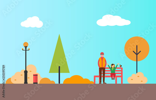 Man and child walking in park vector. Kid girl sitting on bench, green and yellow trees on background. Street lamps and bin, autumn bushes and road vector