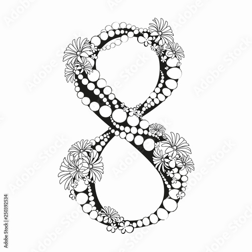 Flower number 8.Vector Graphic Floral Numbers - digit 8 with black white inked flowers bouquet composition and beads
