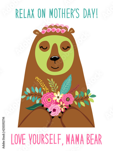 Cute cartoon character of relaxing mother bear with mask and curlers, Mother's Day card