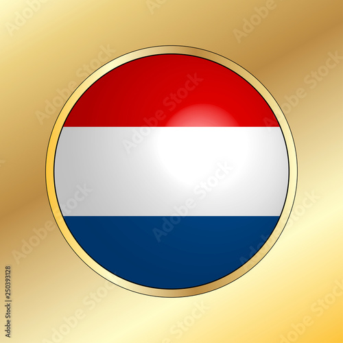 Icon of national flag of Netherlands, round button with metal golden frame and reflection of light. Beautiful gold background. Editable vector EPS 10 illustration. Free Download Icon of national flag of Netherlands, round button with metal golden frame and reflection of light. Beautiful gold background. Editable vector EPS 10 illustration. - GFXLoad
