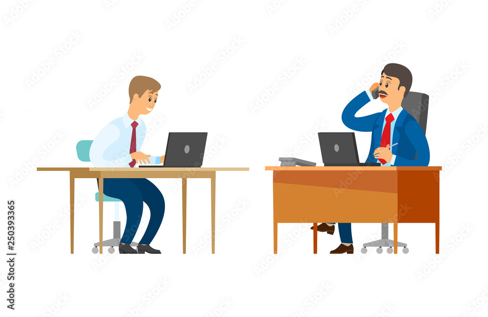 Boss vector, chief executive talking on phone in office. Male sitting by table, employee and employer. Worker with laptop developing project data