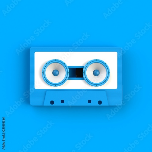 Close up of vintage audio tape cassette with speakers concept illustration on blue background, Top view with copy space, 3d rendering