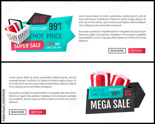 Super sale, 50 percent off, best offer web page push buttons vector. Shopping basket with purchased gift, present, ribbon bow. Clearance sellout of goods