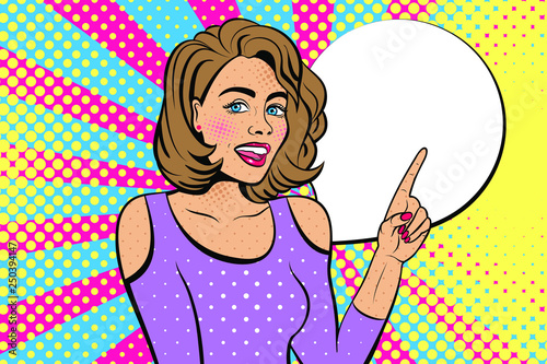 Sexy woman with squinted eyes and open mouth. Vector background in comic style retro pop art. Girl with the speech bubble. Advertising Pop Art poster or invitation to a party. Face close-up.