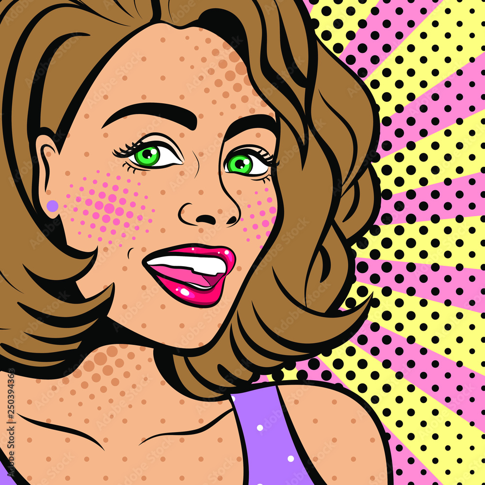 Sexy woman with squinted eyes and open mouth. Vector background in comic style retro pop art. Advertising Pop Art poster or invitation to a party. Face close-up. Sexy woman with squinted eyes and open mouth. Vector background in comic style retro pop art. Advertising Pop Art poster or invitation to a party. Face close-up.