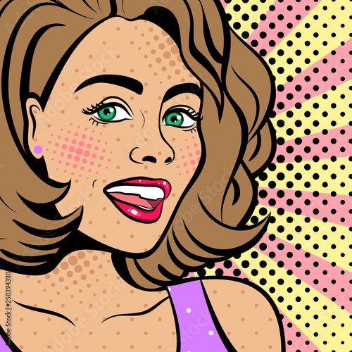 Sexy woman with squinted eyes and open mouth. Vector background in comic style retro pop art. Advertising Pop Art poster or invitation to a party. Face close-up.