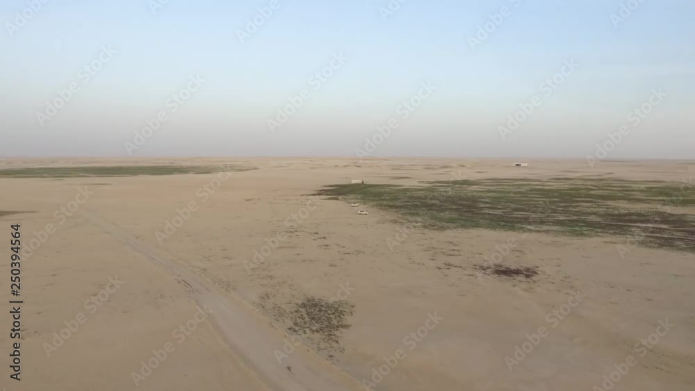 Flying over Dunes over farming in the Desert and showing Irrigation System for farming inside Desert Flying over Dunes over farming in the Desert and showing Irrigation System for farming inside Desert
