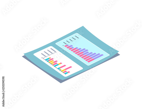 Blue lying paper with rectangular charts and rising columns, diagram with numbers, 3D list with shadow. Page with colorful graph and statistics vector