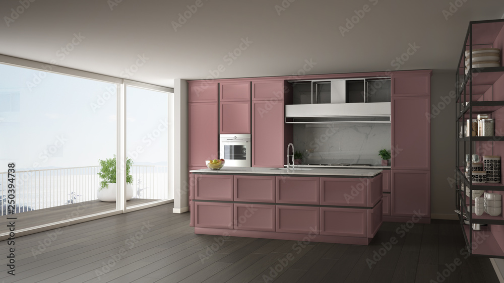 Classic red kitchen in modern open space with parquet floor and big panoramic window with balcony on sea landscape, island and accessories, minimalist contemporary interior design Classic red kitchen in modern open space with parquet floor and big panoramic window with balcony on sea landscape, island and accessories, minimalist contemporary interior design