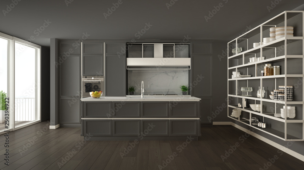 Classic gray kitchen in modern open space with parquet floor and big panoramic window with balcony, island and accessories, minimalist contemporary interior design Classic gray kitchen in modern open space with parquet floor and big panoramic window with balcony, island and accessories, minimalist contemporary interior design