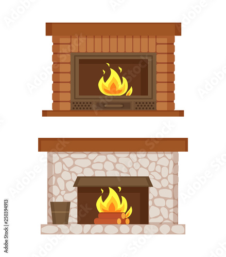 Fireplace made of bricks and stones interior set vector. Isolated icons, burning logs, bucket for ashes, construction for heating home, warming up