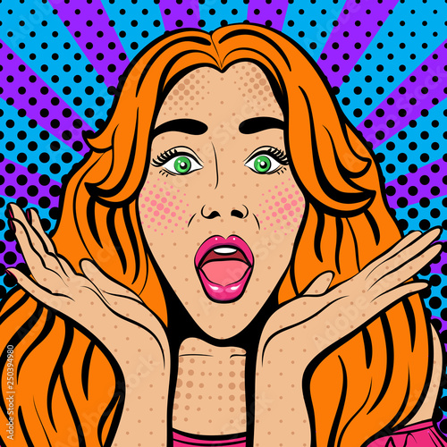 Sexy woman with wide open eyes and mouth and rising hands. Vector background in comic style retro pop art.  Advertising Pop Art poster or invitation to a party.