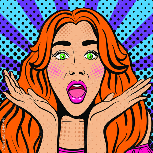 Sexy woman with wide open eyes and mouth and rising hands. Vector background in comic style retro pop art. Girl with the speech bubble. Advertising Pop Art poster or invitation to a party. Face close-