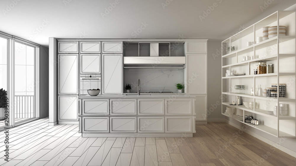 Architect interior designer concept: unfinished project that becomes real, classic kitchen in modern apartment with parquet floor, minimalistic design idea