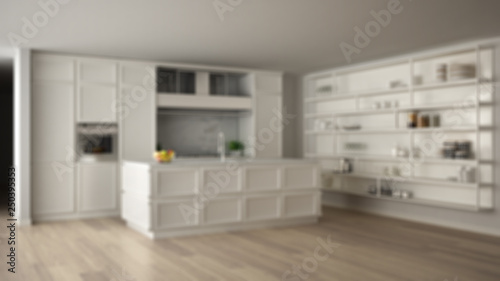 Blur background interior design, classic kitchen in modern apartment with parquet floor, vintage retro architecture open space living room concept idea