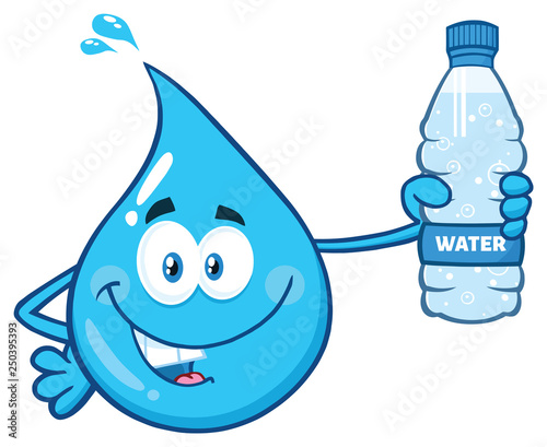 Happy Blue Water Drop Cartoon Character Holding A Bottled Water. Vector Illustration Isolated On Transparent Background