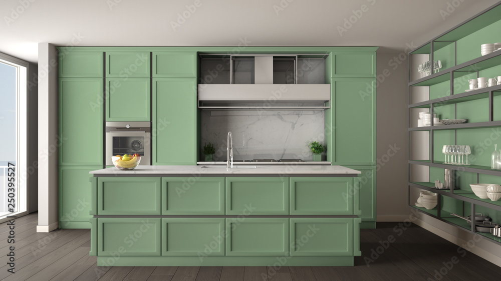 Classic green kitchen in modern open space with parquet floor and big panoramic window with balcony, island and accessories, minimalist contemporary interior design