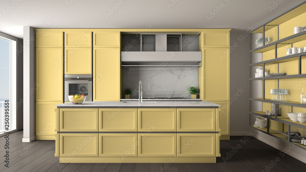 Classic yellow kitchen in modern open space with parquet floor and big panoramic window with balcony, island and accessories, minimalist contemporary interior design