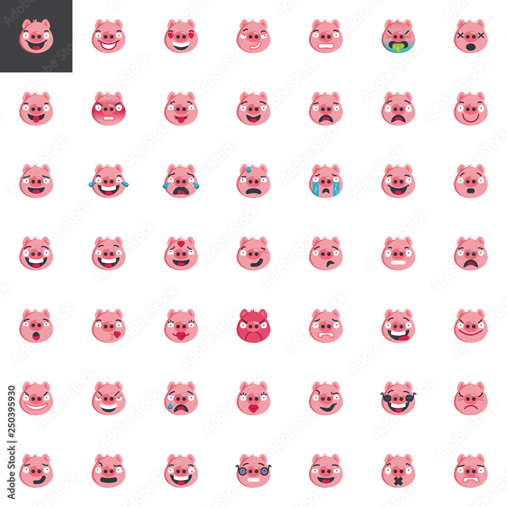 Piggy face emoticon elements collection, flat icons set, Colorful symbols pack contains - Smiling pig emoji, happy smiley character, new year pig character. Vector illustration. Flat style design