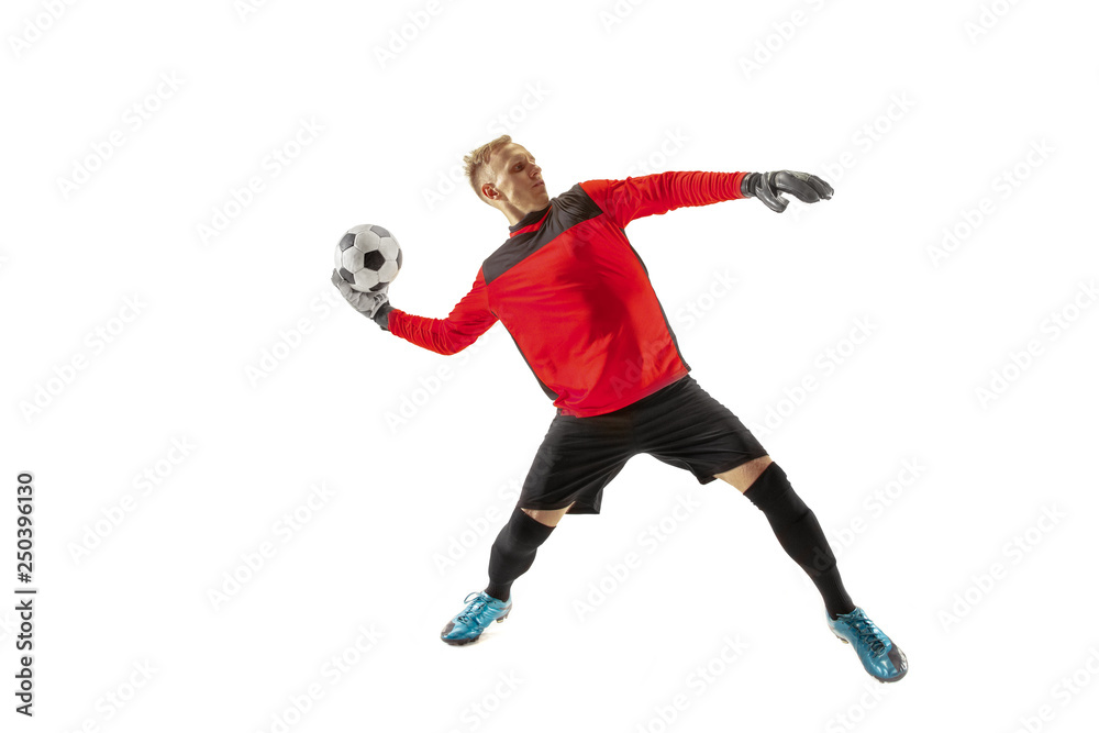one soccer player goalkeeper man throwing ball. Silhouette isolated on white studio background