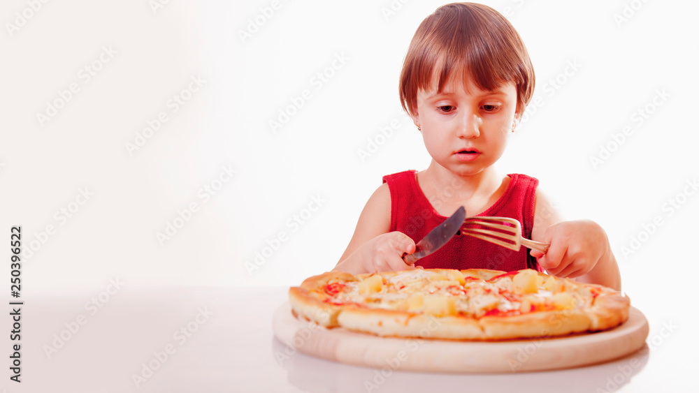 Pizza for kid! Cute little girl with pizza. Happy child having fun eating dinner. Free space for text. Pizza for kid! Cute little girl with pizza. Happy child having fun eating dinner. Free space for text.