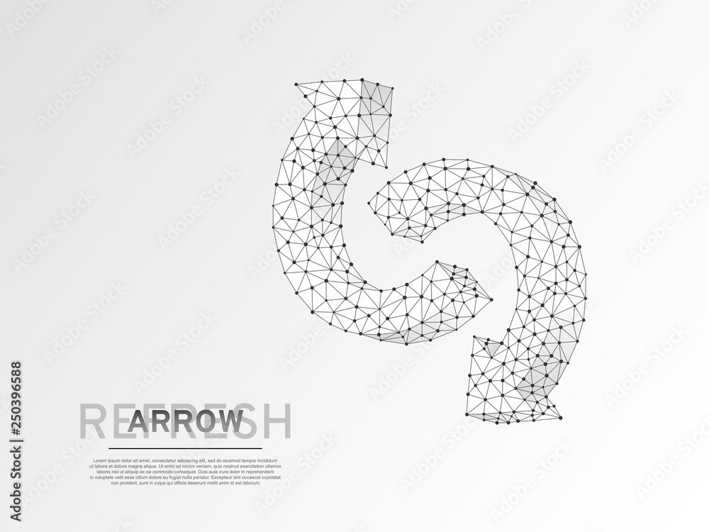 Fototapeta premium Refresh circular arrows symbol. Wireframe digital 3d illustration. Low poly, repeat, recycling button concept on white background. Abstract Vector polygonal origami style sign. RGB color mode
