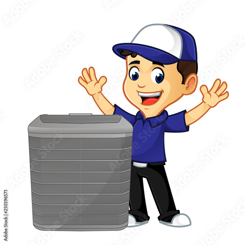 Hvac Cleaner or technician with air conditioner happy