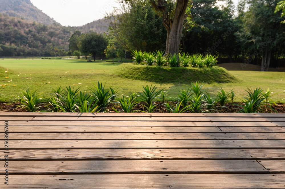 Wooden patio with garden on meadow background Wooden patio with garden on meadow background