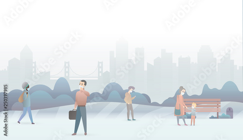 Sad people suffer from air pollution and wear protective masks. Industrial white smog fog city background. Fine dust, air pollution, pollutant gas emission, industrial smog vector illustration.