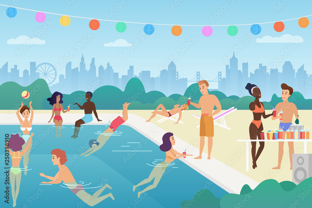 Happy man and woman are swimming in the pool, talking, playing with ball, enjoy time, having fun at the open air pool summer party. colourful vector illustration.