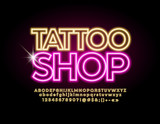 Vector neon emblem Tattoo Shop with lighting yellow Font. Glowing Alphabet Letters.