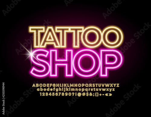 Vector neon emblem Tattoo Shop with lighting yellow Font. Glowing Alphabet Letters.