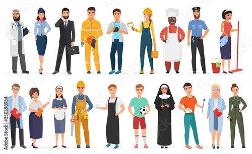 Collection of men and women people workers of various different occupations or profession wearing professional uniform set vector illustration. photo
