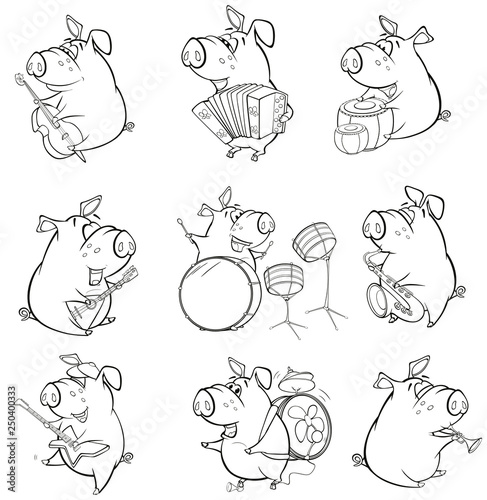A Cute Pig Musician. Set Cartoon Character for you Design and Computer Game. Coloring Book Outline 