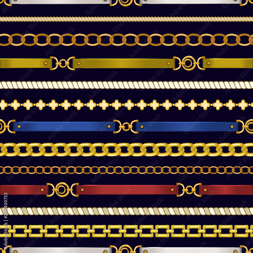 Horizontal seamless pattern with belts and chains. Baroque trendy. Fashion print. Vector illustration Horizontal seamless pattern with belts and chains. Baroque trendy. Fashion print. Vector illustration