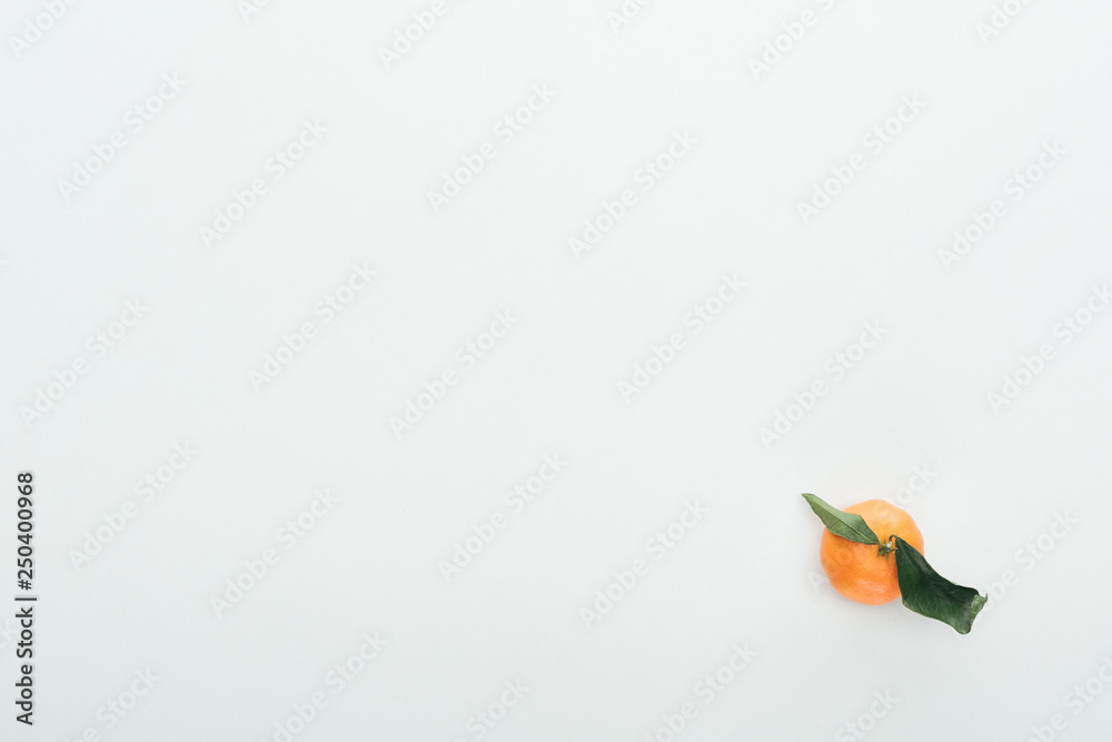 bright ripe orange tangerine with green leaves on white background with copy space bright ripe orange tangerine with green leaves on white background with copy space