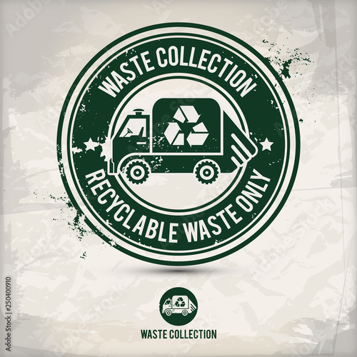 alternative waste collection stamp containing: two environmentally sound eco motifs in circle frames, grunge ink rubber stamp effect, textured paper background, eps10 vector illustration
