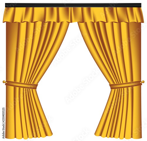 Yellow luxury curtains and draperies on white background