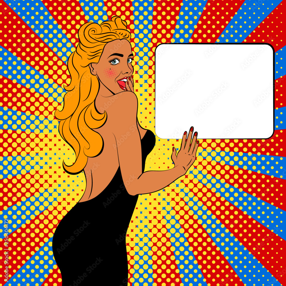 Sexy, surprised blonde pop art woman with open eyes and open mouth. Vector background in comic style retro pop art. Invitation to a party.